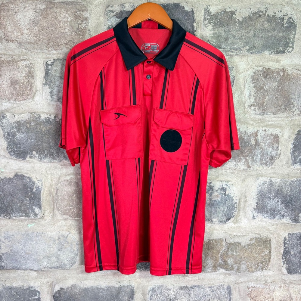 Score Apparel Mens Red Black Striped Soccer‎ Referee Jersey Shirt Adult Medium